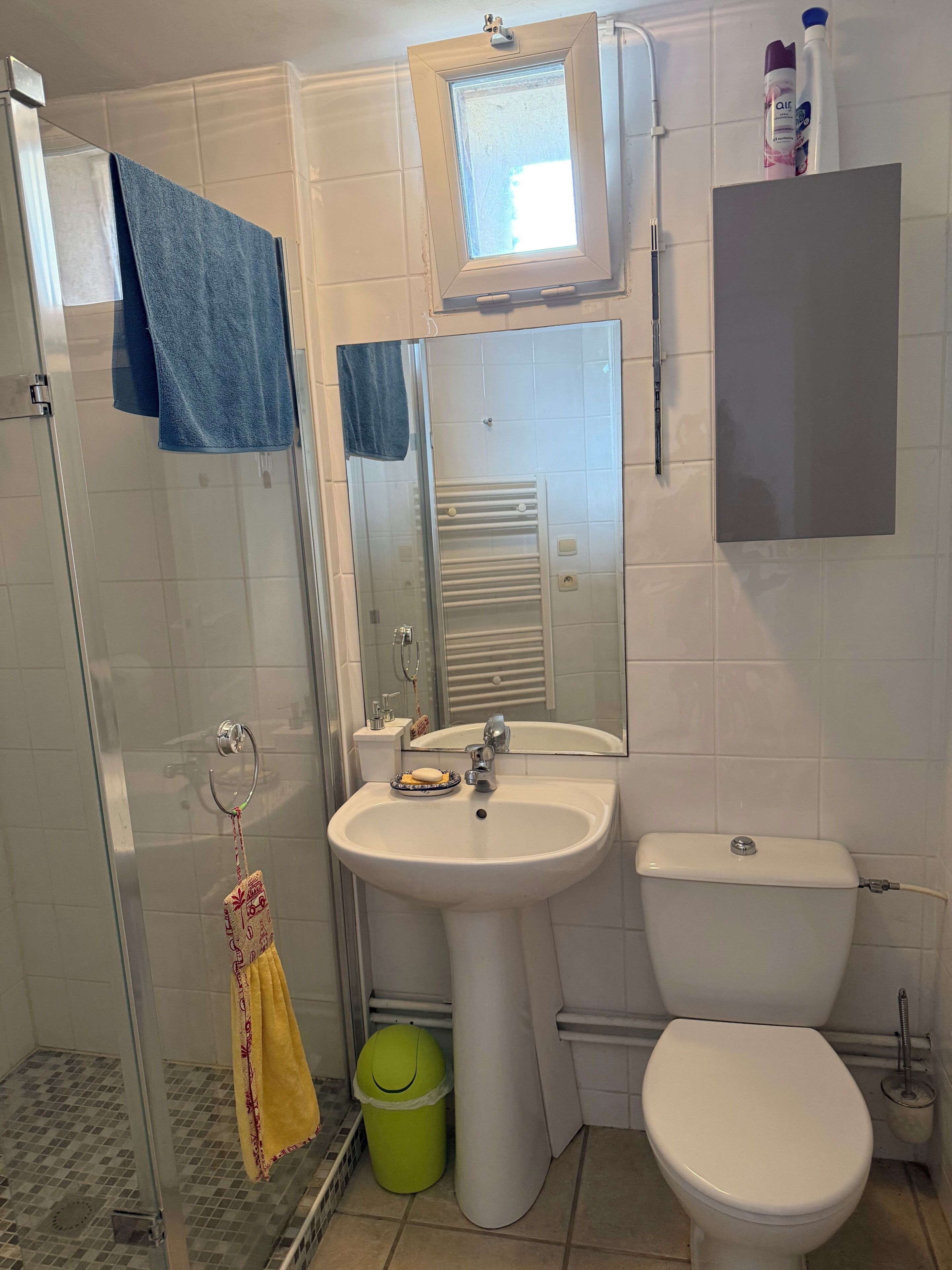 Une salle de bain avec une douche à parois de verre, un lavabo, des toilettes, un miroir et une petite fenêtre.