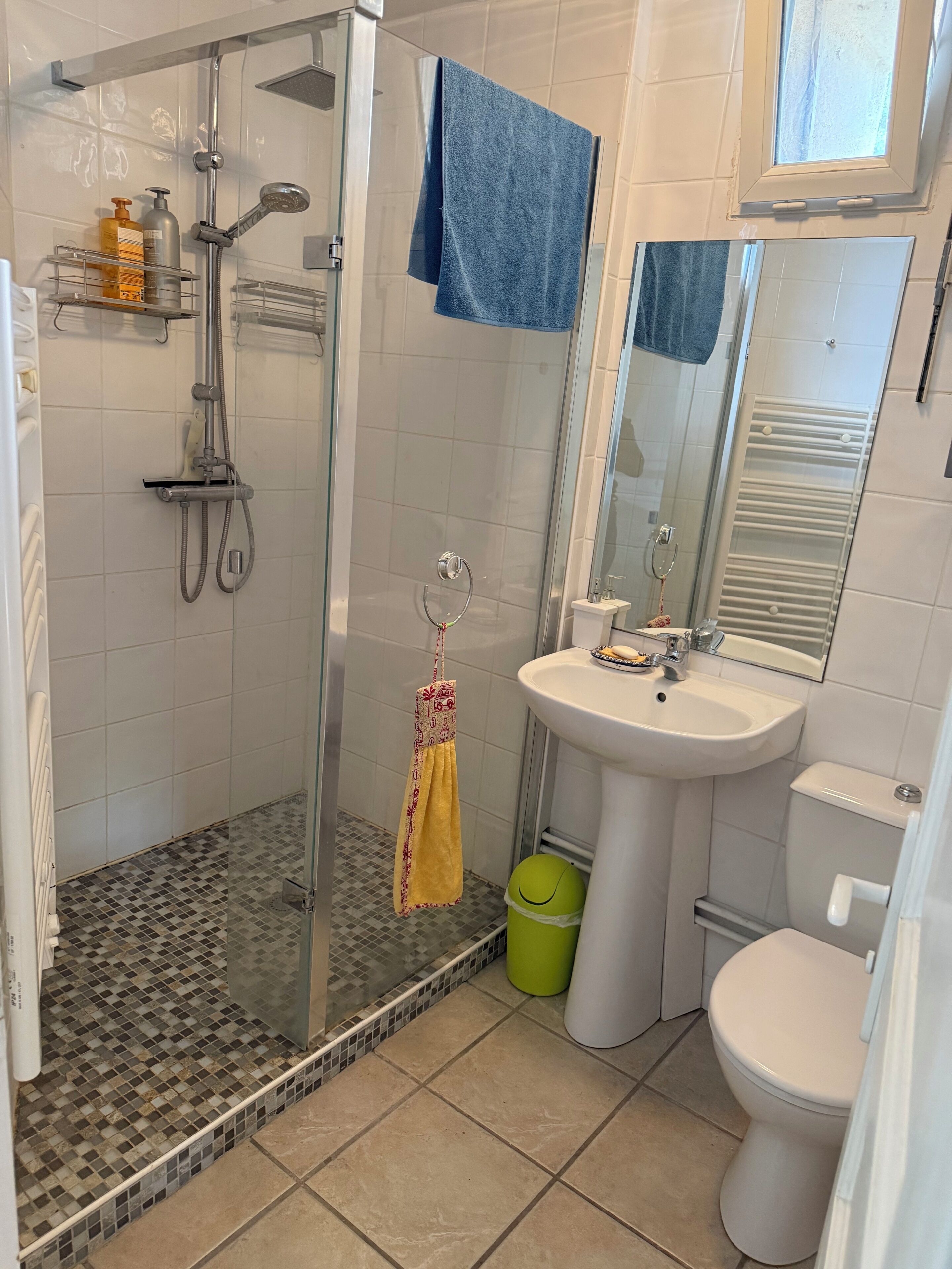A bathroom with a glass-enclosed shower, a sink, a toilet, and a mirror.