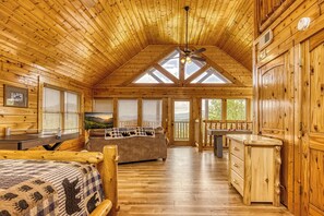 A log cabin interior with a loft bedroom, a dining area, and a kitchen. - Panoramic View-Pigeon Forge Two Bedroom Plus Loft Cabin Rental-Swimming Pool (Sevierville)