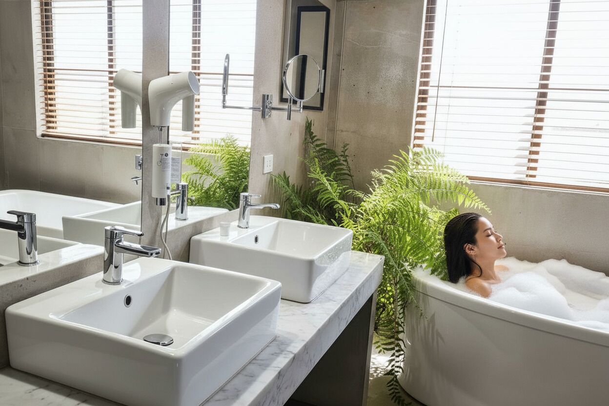 A bathroom with three sinks, a large bathtub, and a mirror.