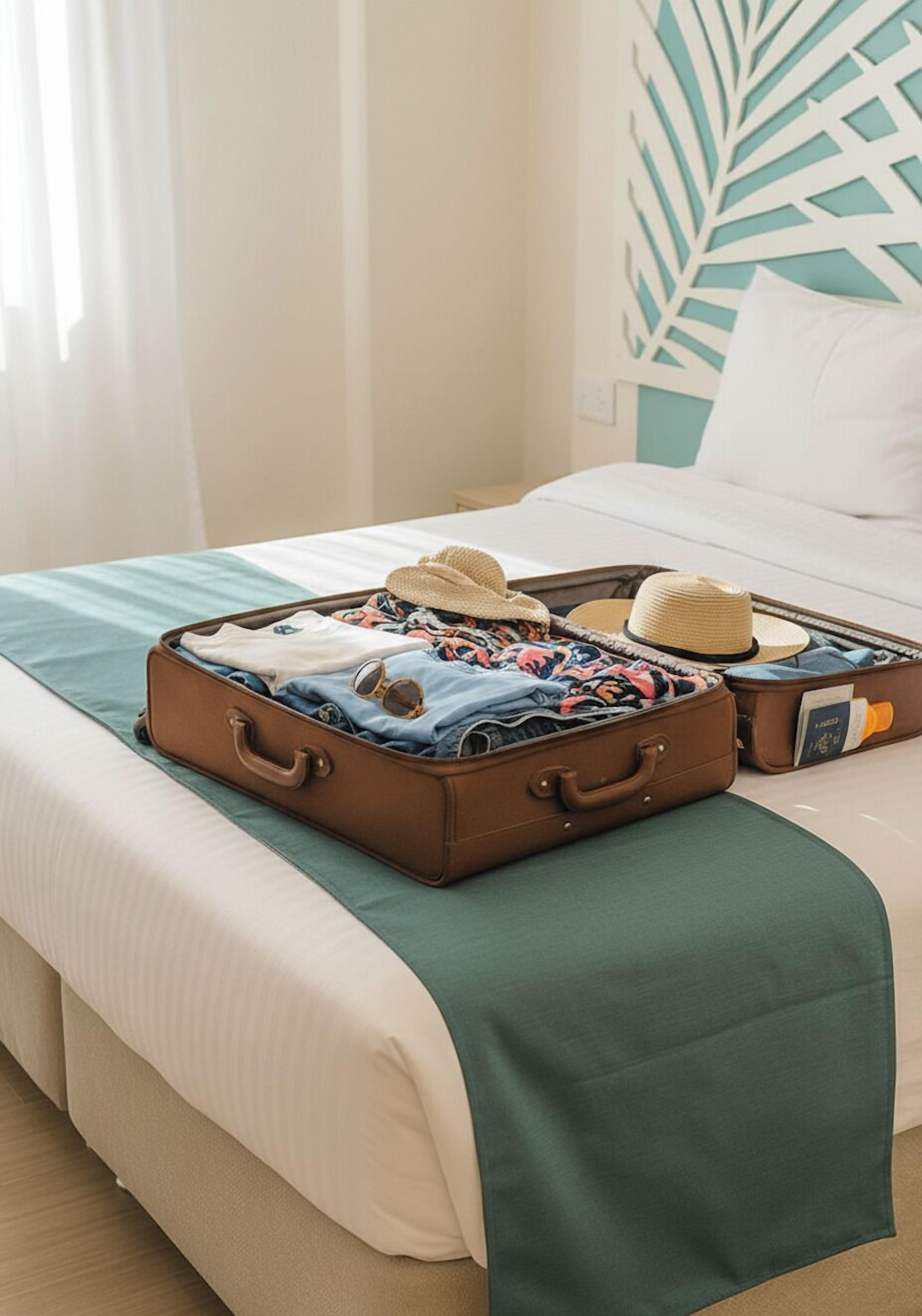 Una cama bien hecha con una colcha verde, dos maletas marrones encima y un cabecero con estampado de hojas tropicales.