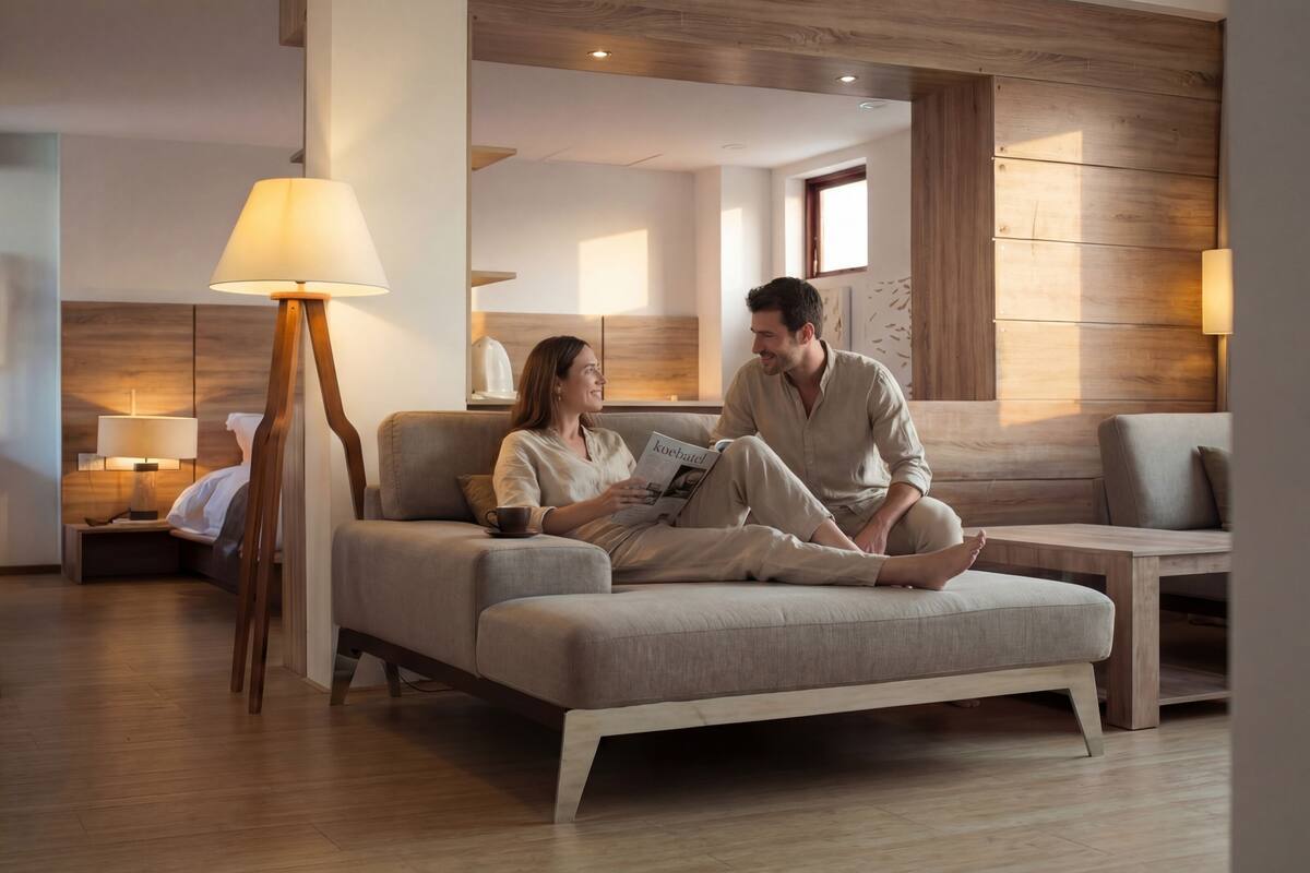 Ein modernes Wohnzimmer mit einer Couch, einem Couchtisch und einer Stehlampe.