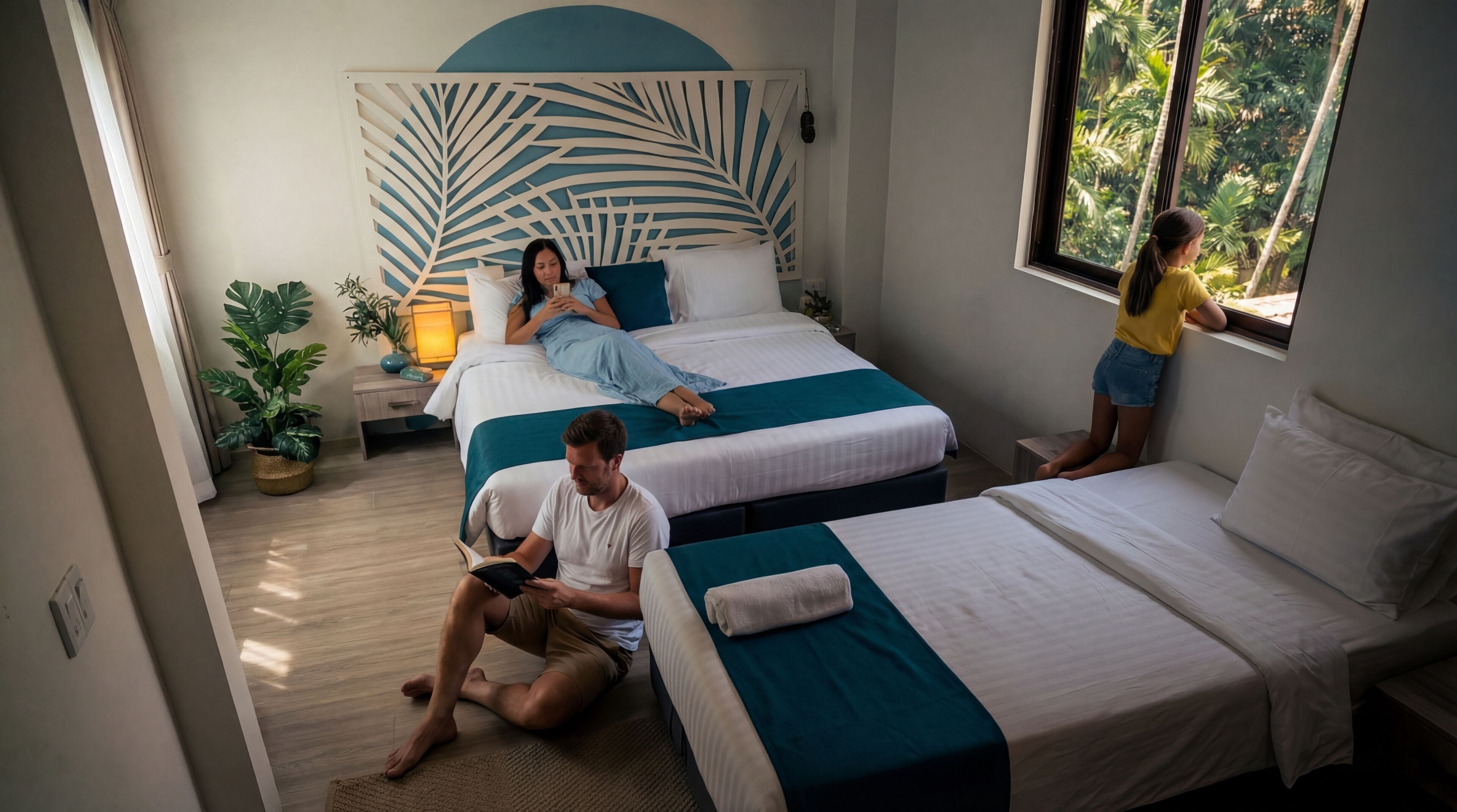 Deluxe-Vierbettzimmer, Poolblick | Zimmersafe, Verdunkelungsvorhänge, Bügeleisen/Bügelbrett