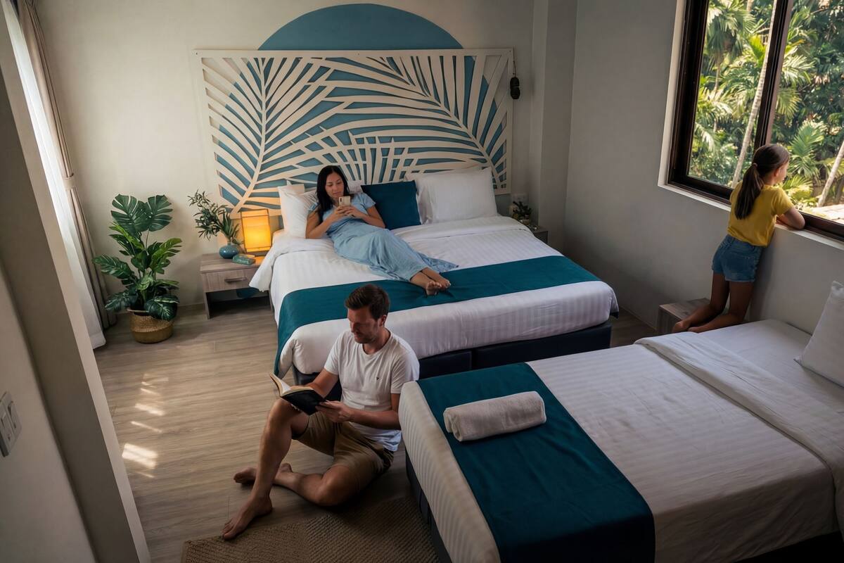 Ein Schlafzimmer mit zwei Betten, einem großen Fenster und einer dekorativen Wandverkleidung.