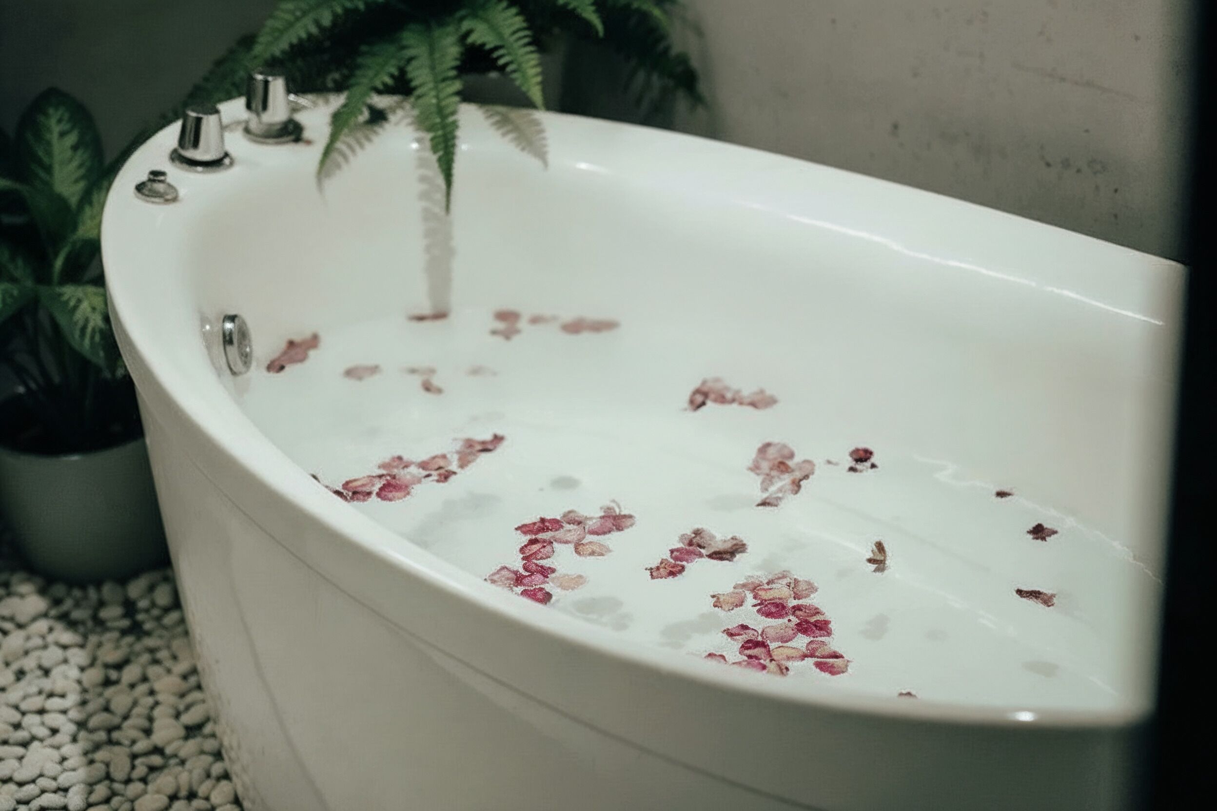 A bathtub with rose petals floating in the water, surrounded by white pebbles and a potted plant.