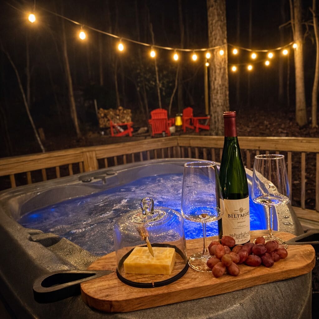 A hot tub with a wooden deck, surrounded by string lights, a bottle of wine, glasses, and a wooden board with cheese and grapes.