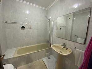 Tina de hidromasaje, toallas, papel de baño 
