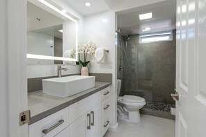 Douche, sèche-cheveux, serviettes fournies, shampoing