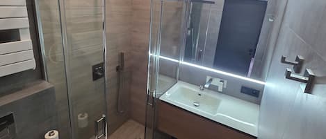 Shower, hair dryer, towels, soap