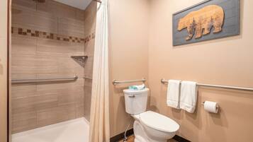 A bathroom with a shower, toilet, and a towel rack.