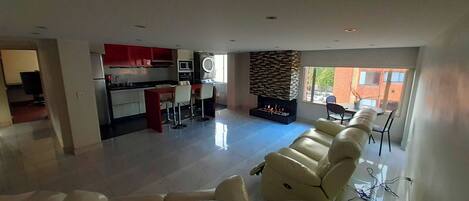 TV, fireplace, printers