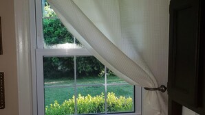 A window with a view of a green lawn and bushes.