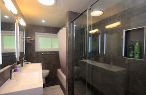 Hair dryer, towels, soap, toilet paper