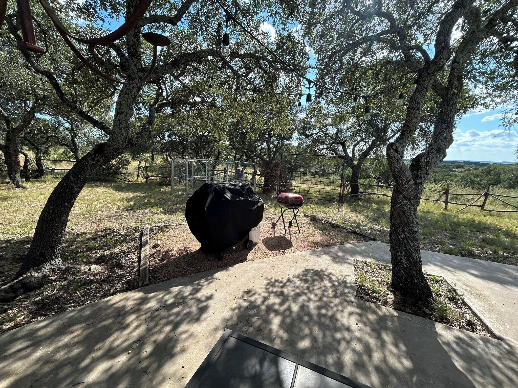 A paved pathway surrounded by trees with a large sculpture and a red object on the right.