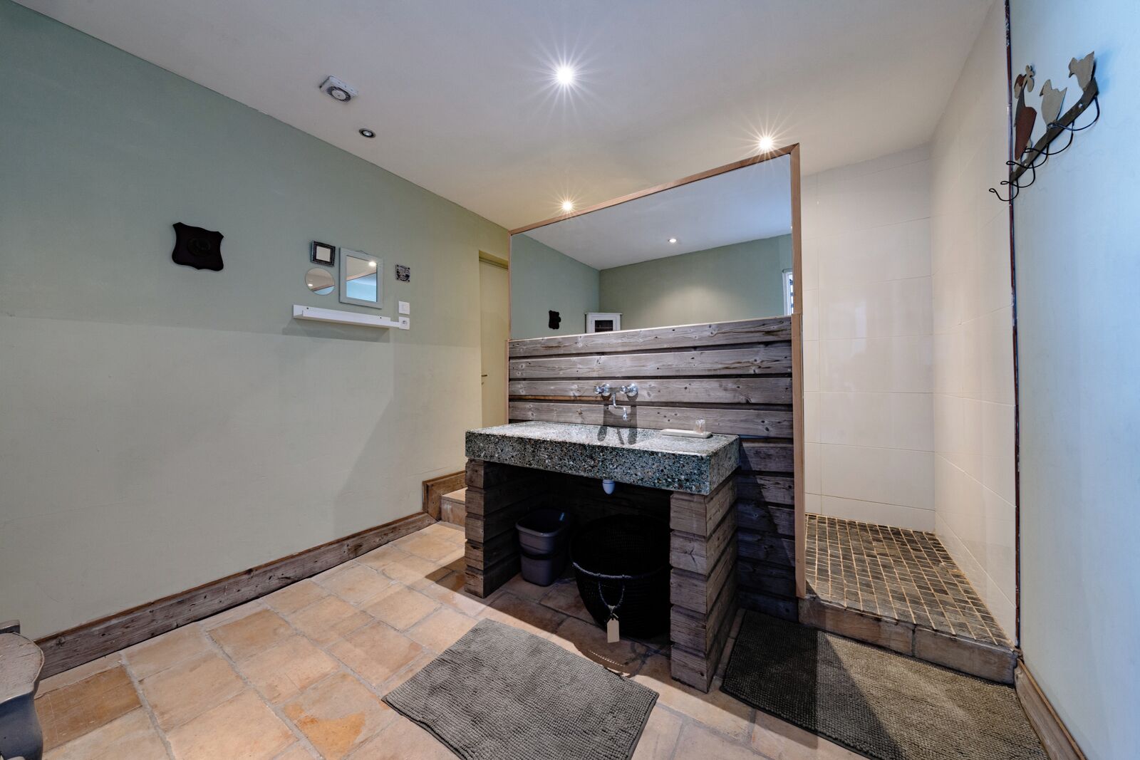 Shower, hair dryer, towels, toilet paper