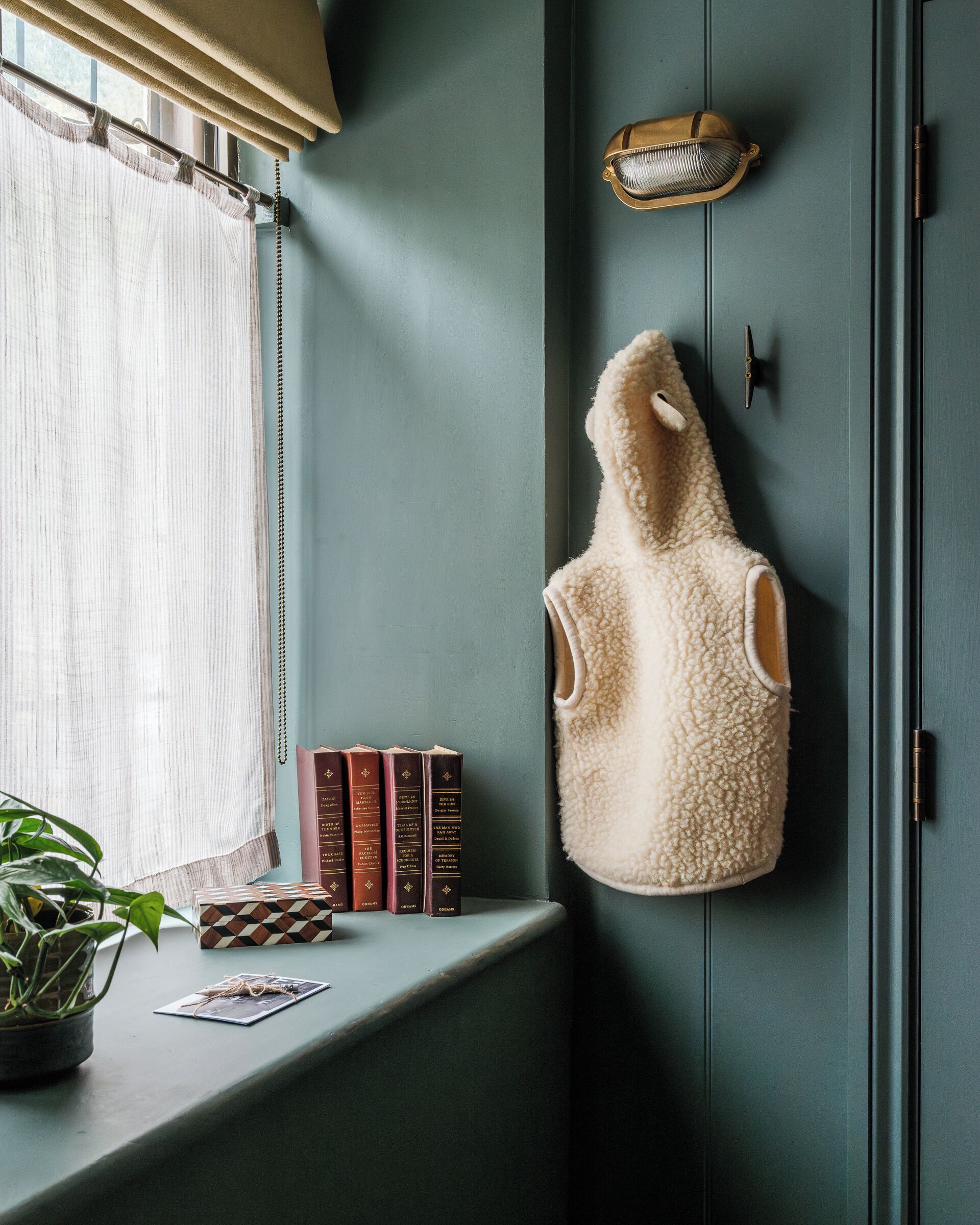 A room with a window, a wall-mounted shelf with books, a potted plant, and a textured wall hanging.