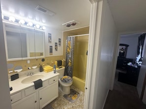 Hair dryer, towels, toilet paper