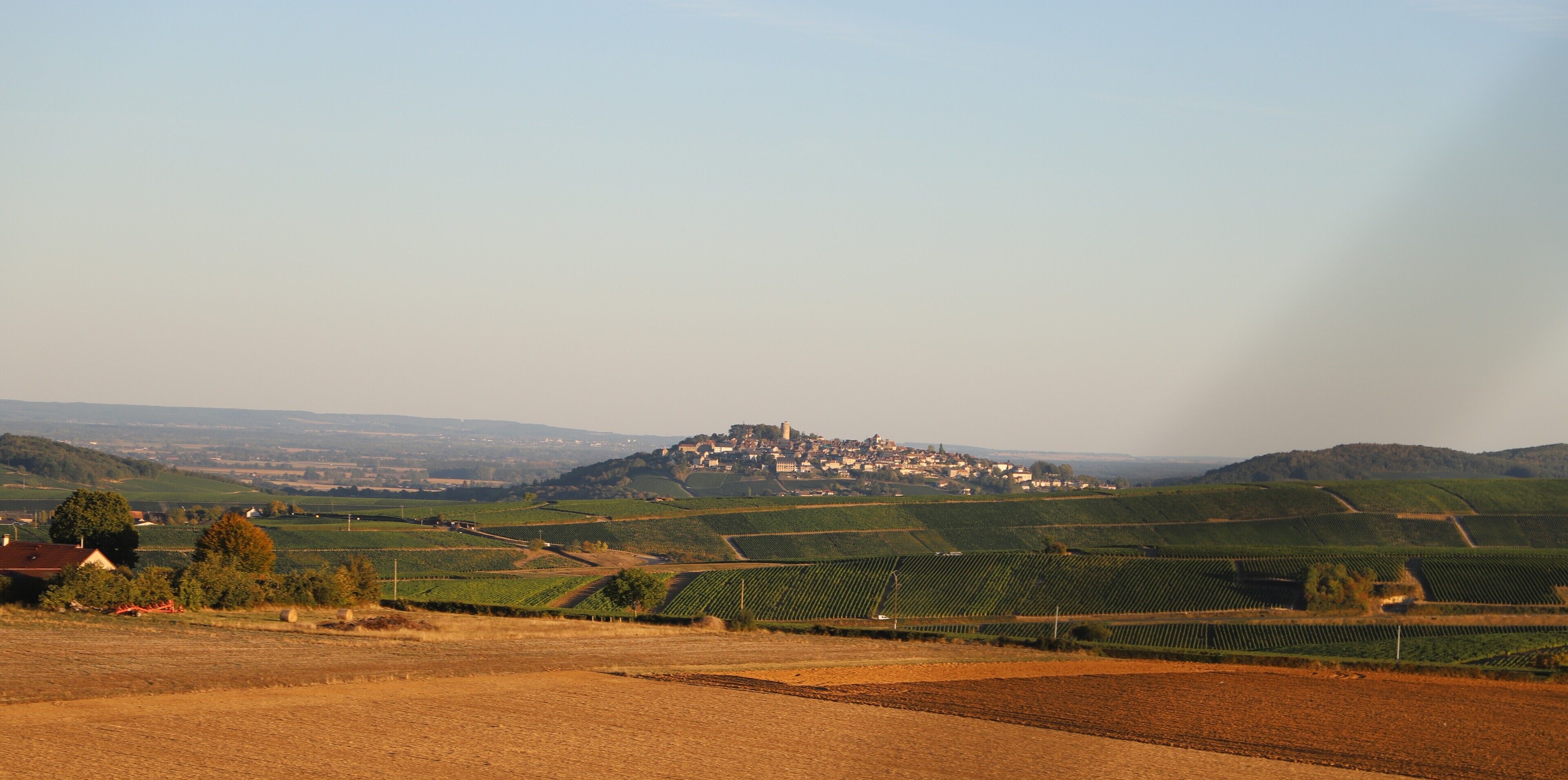 Un paysage rural avec des vignobles, un village perché sur une colline et, au loin, des collines ondulantes.