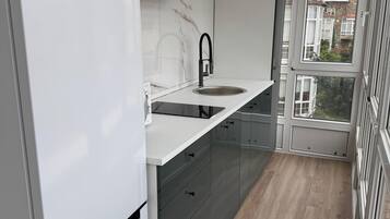 Een magnetron, een kookplaat, een vaatwasser