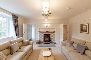 Smart TV, fireplace, DVD player, books