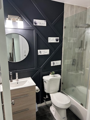 Hair dryer, towels, soap, toilet paper