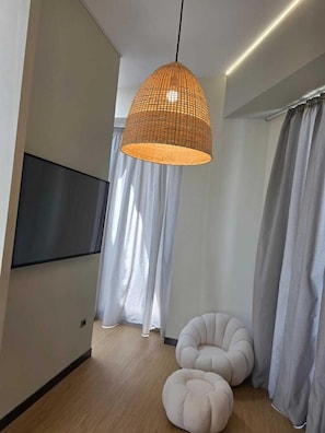 Laptop workspace, blackout curtains, iron/ironing board