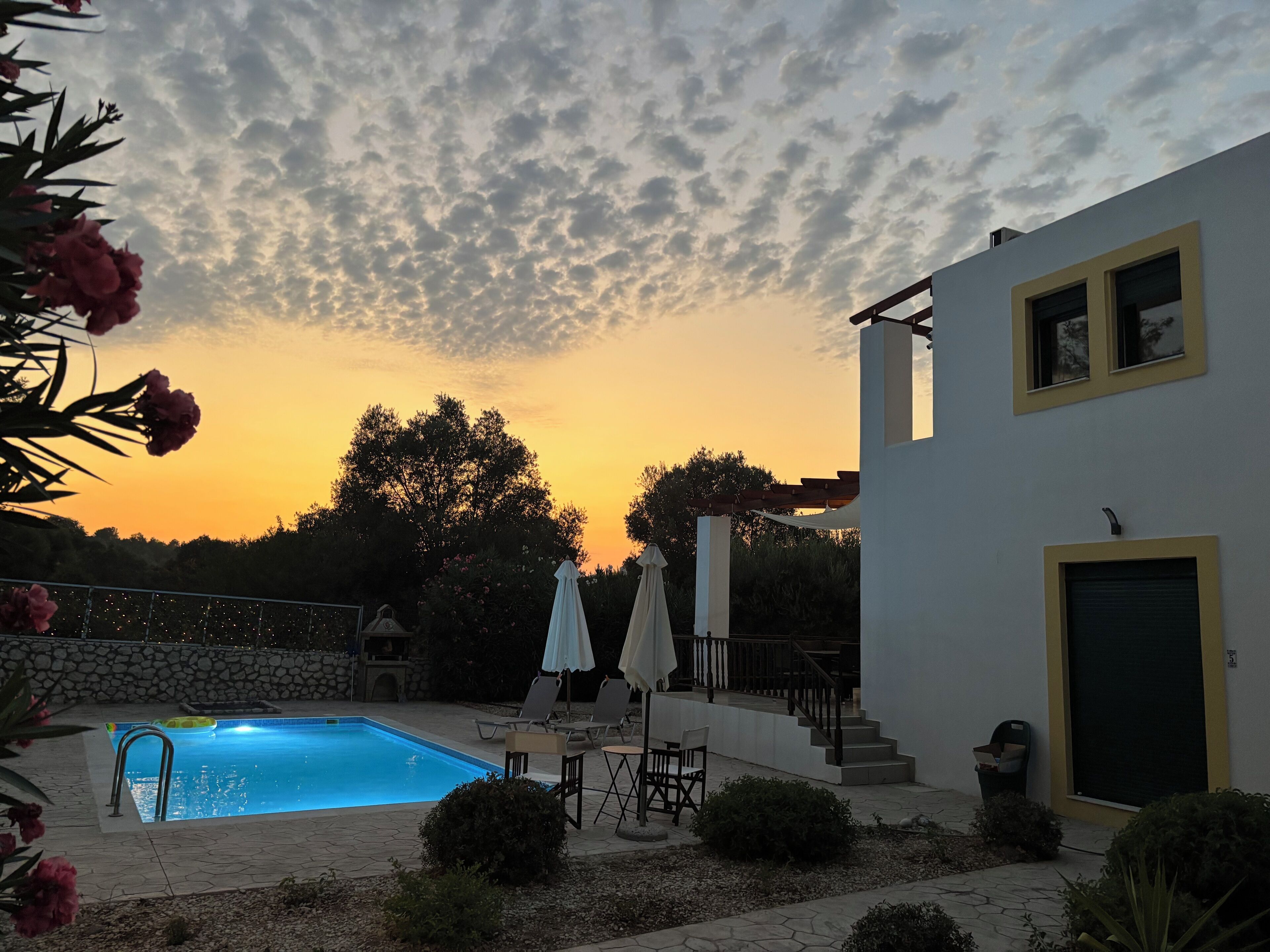 The villa at sunset.