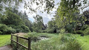 A wooden bridge over a pond surrounded by lush greenery and trees.