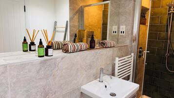 Hair dryer, towels, soap, shampoo