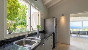 A kitchen with a double sink, stainless steel appliances, and a view of the ocean through a window. - Villa Gone Coco - Coral Estate Resort (Sint Willibrordus)