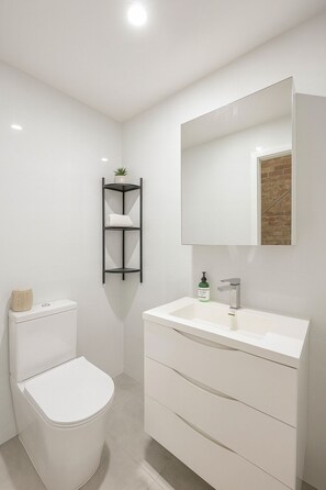 Hair dryer, towels, soap, toilet paper