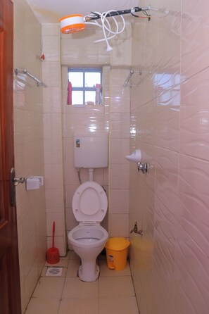 Shower, towels, soap, toilet paper