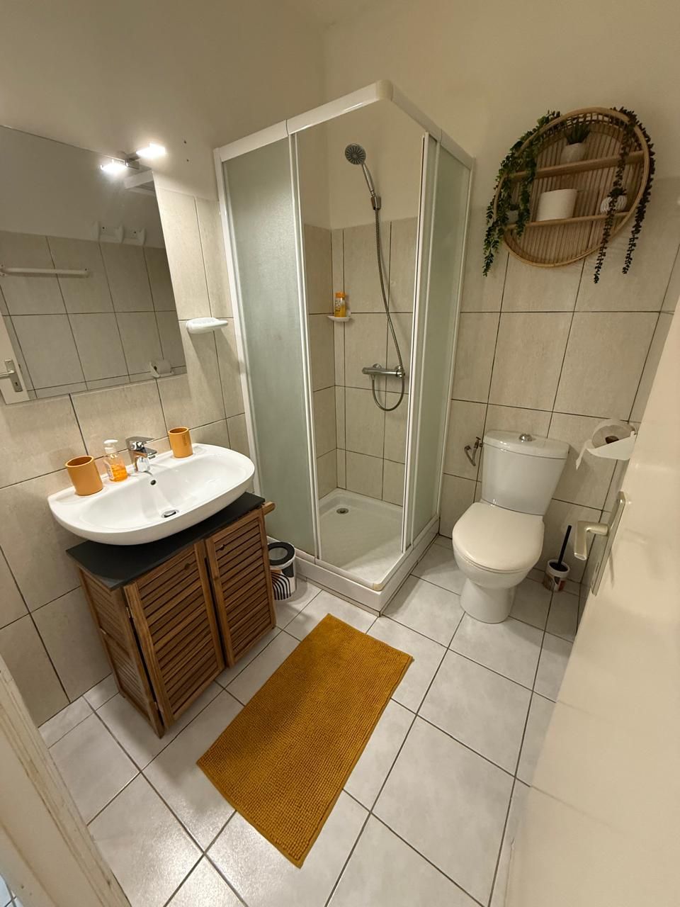 Une salle de bain moderne avec une douche à parois de verre, un lavabo blanc et des toilettes.