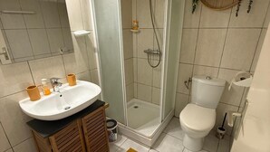 A modern bathroom with a glass-enclosed shower, a white sink, and a toilet.