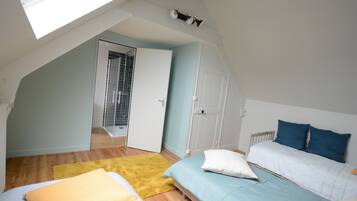 A bedroom with a sloped ceiling, a skylight, a bed with blue and white bedding, a yellow rug, and a wooden floor.