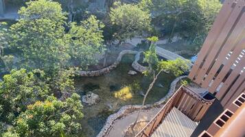 Vista de un patio con árboles, un sendero de piedra y un puente.