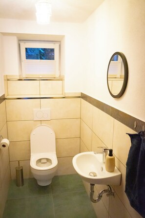 Hiustenkuivaaja, pyyhkeet, saippua, vessapaperi