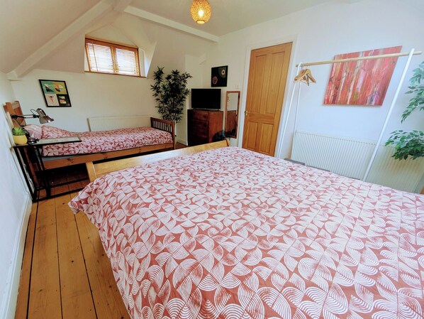 A dormitory room with two beds, a radiator, a wooden door, a plant, and a painting on the wall.