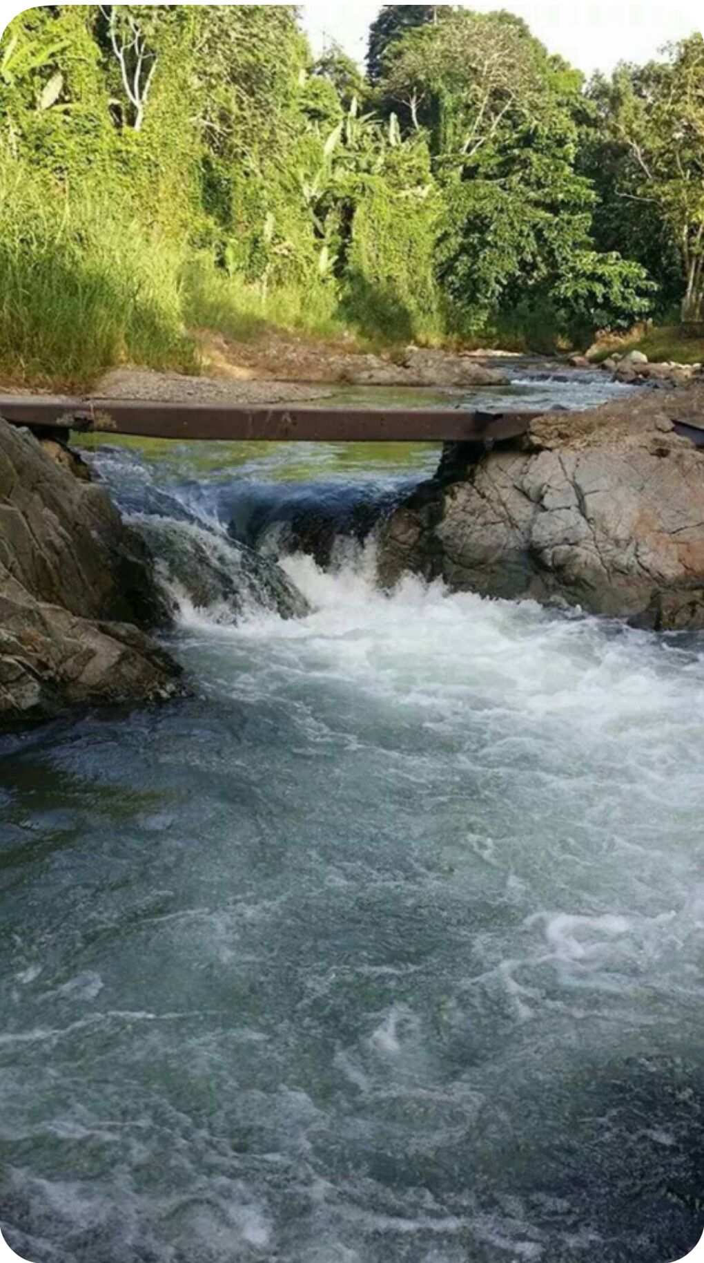 Une rivière qui coule sur des rochers, avec un pont en arrière-plan.