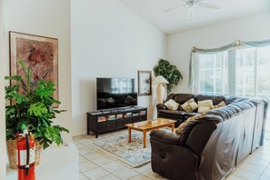 TV, DVD player, books, music library
