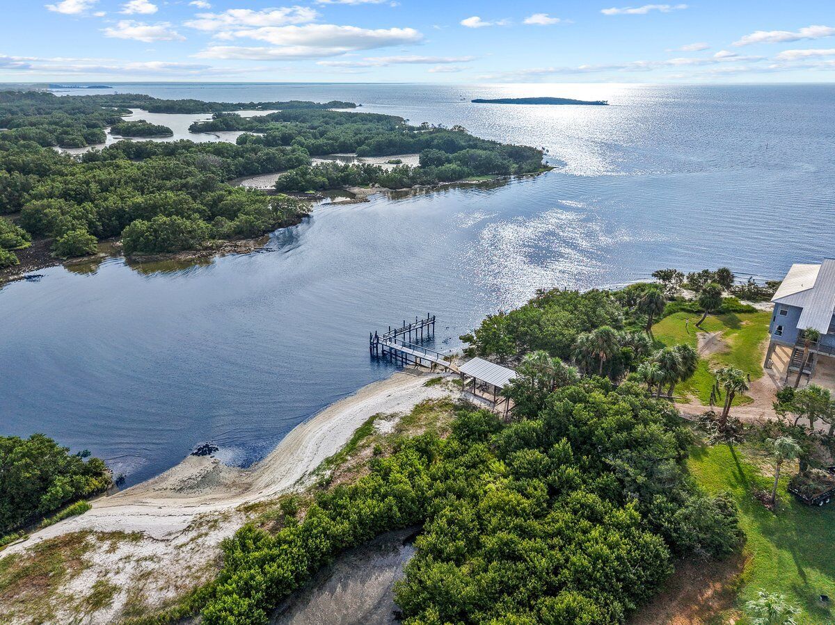 An aerial view of a coastal property with a pier extending into the water, surrounded by dense greenery and a clear sky.