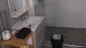 A bathroom with a white sink, a mirror, a shower, and a small trash bin. - T2 in the sun (Marseille)