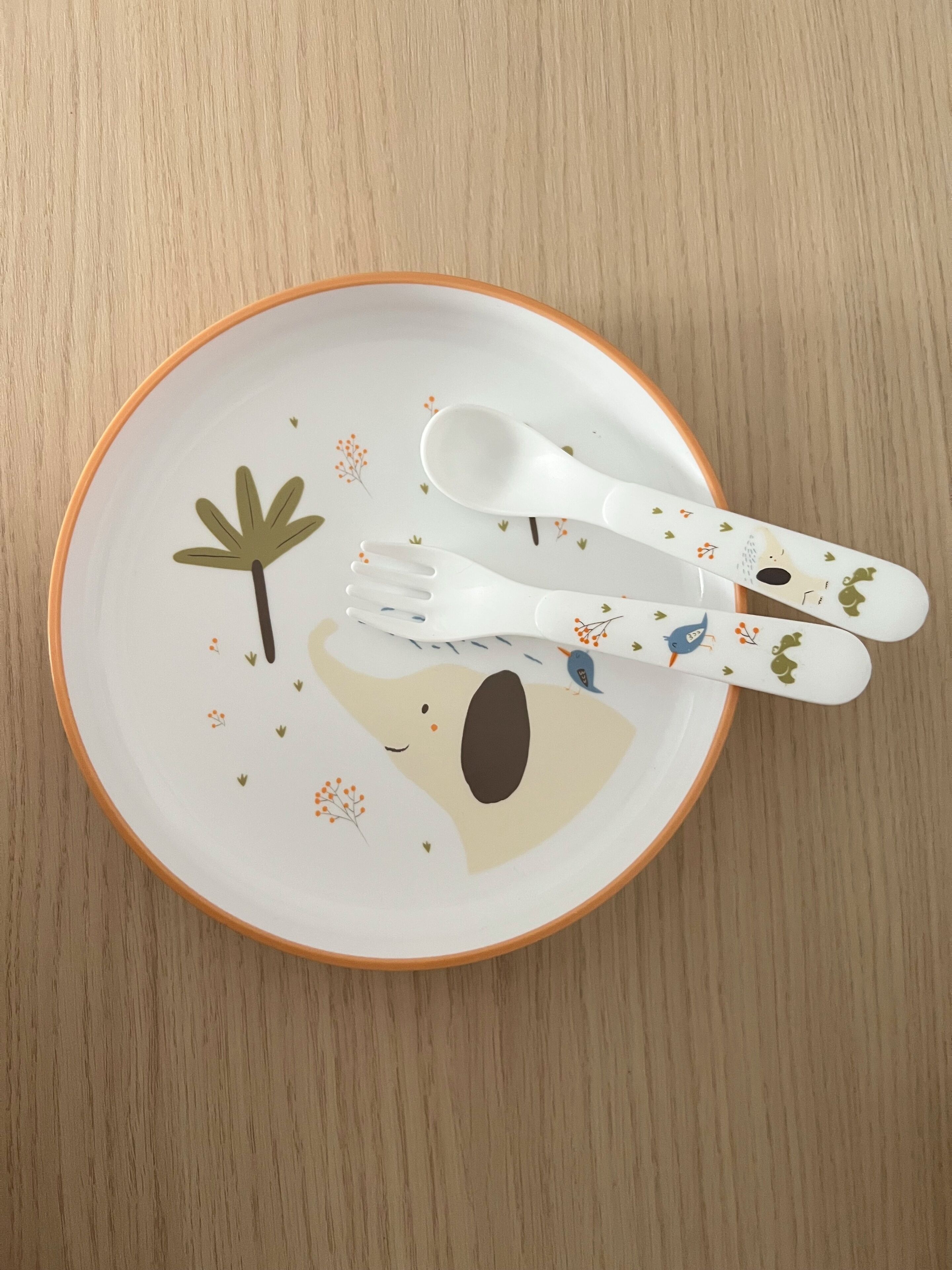 Un plato con borde blanco y naranja, con un diseño de animalito y pequeños detalles decorativos.