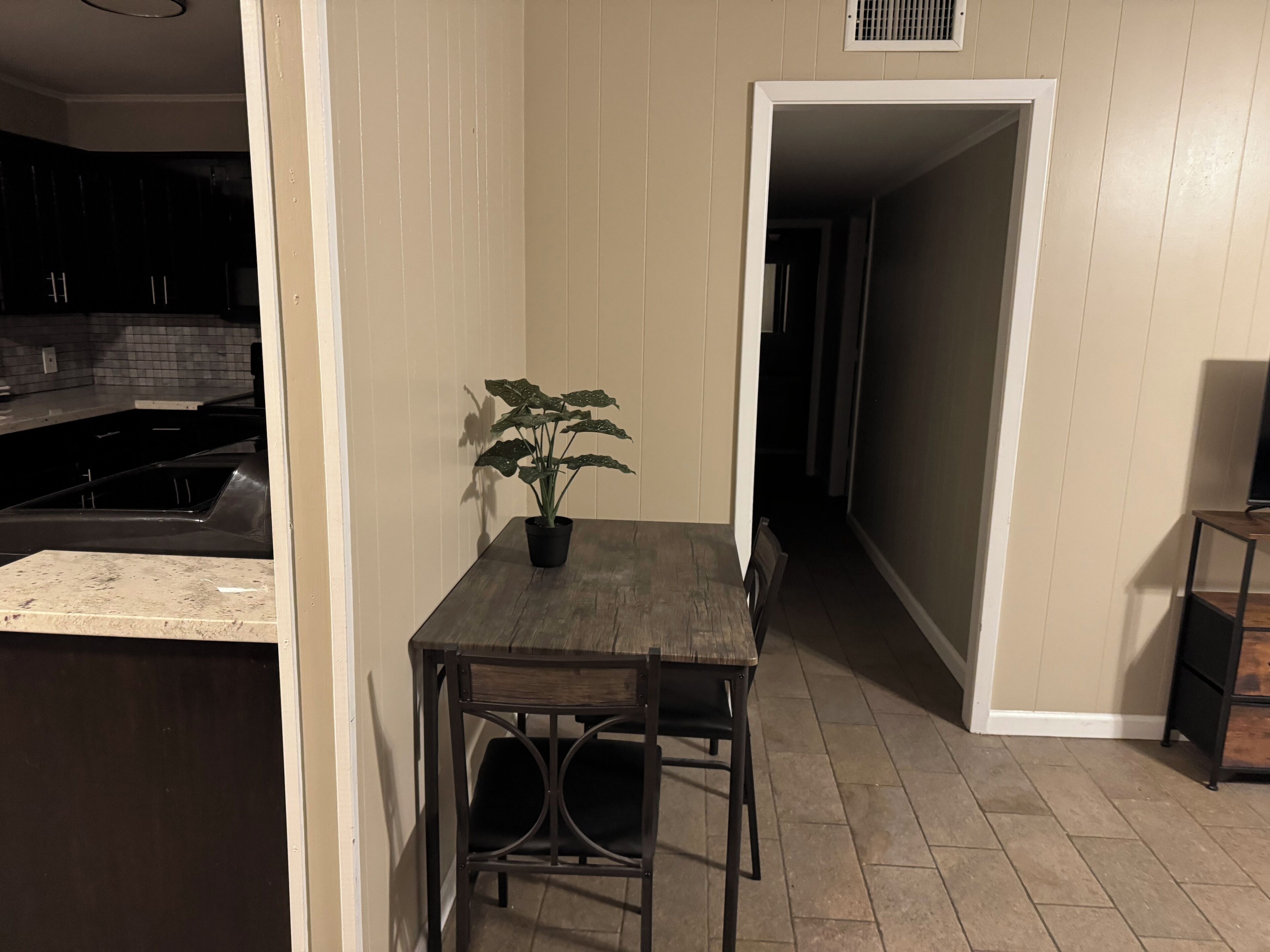 A kitchen with a dining table and chairs, a potted plant, and a TV on a stand.