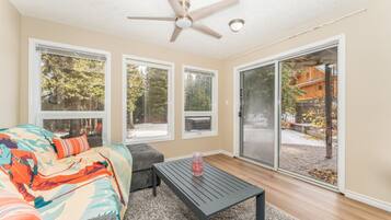 Een televisie, een open haard, tafelvoetbal en een stereo