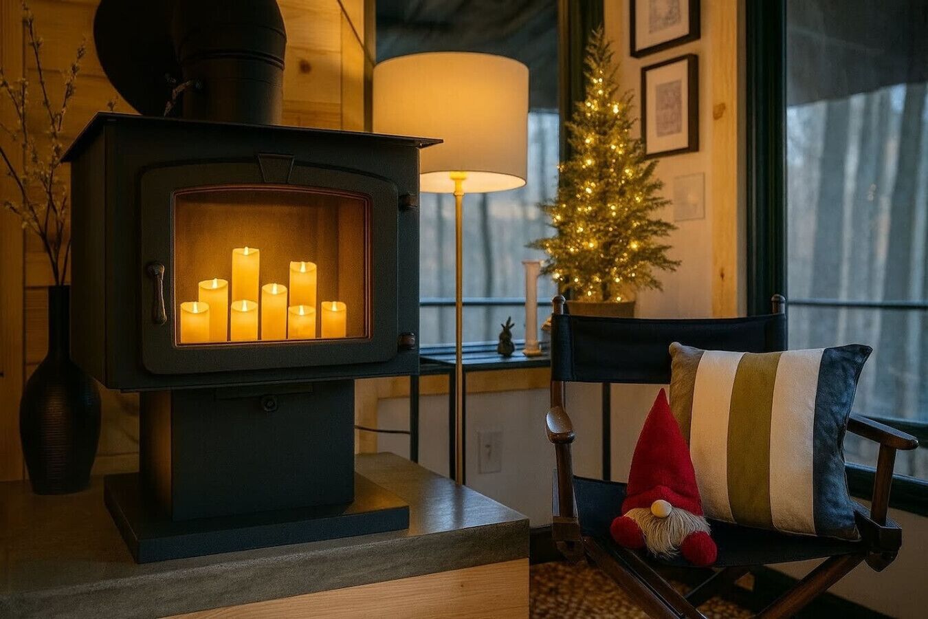 A cozy room with a wood-burning stove, a Christmas tree, and a plush chair with a striped pillow.