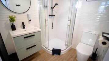 A modern bathroom with a glass-enclosed shower, a toilet, and a sink with a mirror.