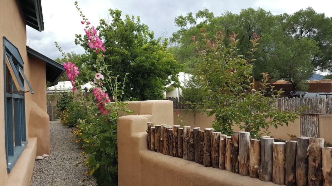 A garden with hollyhocks in full bloom, a wooden fence, and a building with a beige facade.