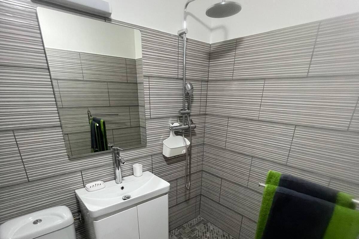 A modern bathroom with a shower, toilet, and sink.