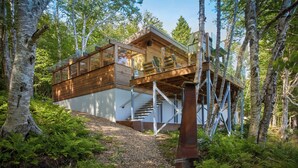Une cabane moderne en bois, dotée de murs en verre, entourée d’arbres et bordée d’un chemin de gravier.